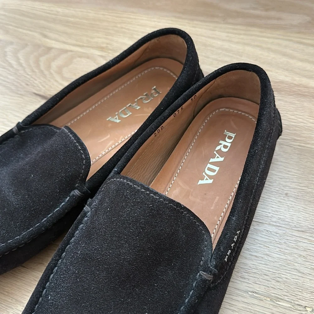 PRADA men's dark brown suede leather slip-on driving moccasins size 10, unworn
